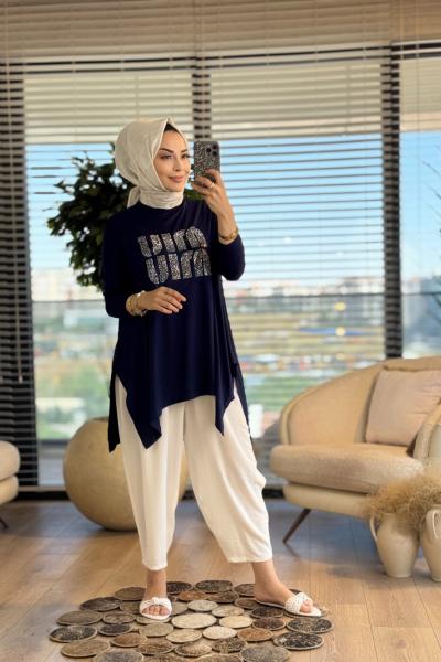 24277 Önü Taş Yazılı Tunik Lacivert