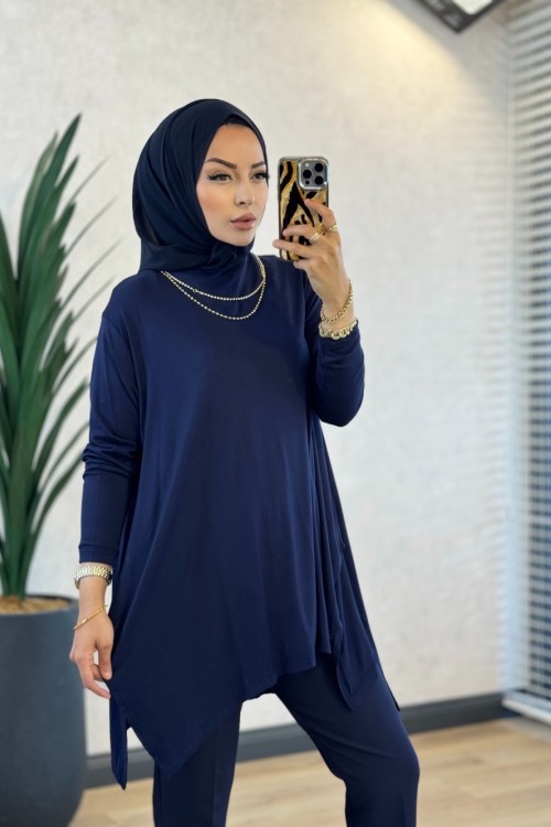 24278 Yanları Yırtmaçlı Penye Tunik Lacivert