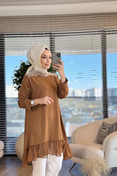 24288 Omuzları İnci Eteği Tüllü Tunik Taba