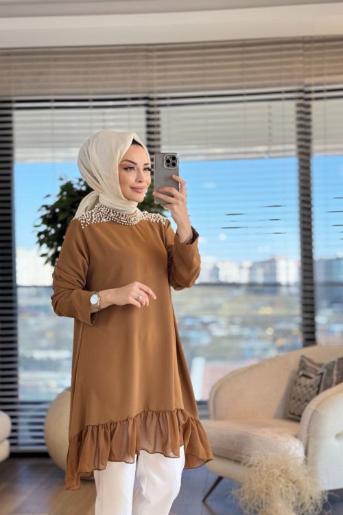 24288 Omuzları İnci Eteği Tüllü Tunik Taba