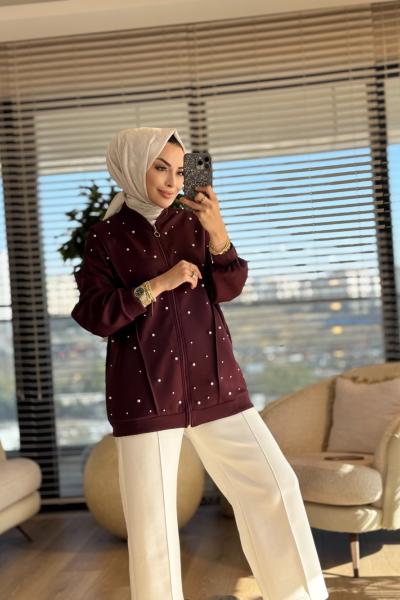 24335 Scuba Ön İnci İşli Fermuarlı Hırka Bordo