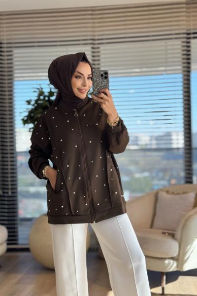 24335 Scuba Ön İnci İşli Fermuarlı Hırka Kahve