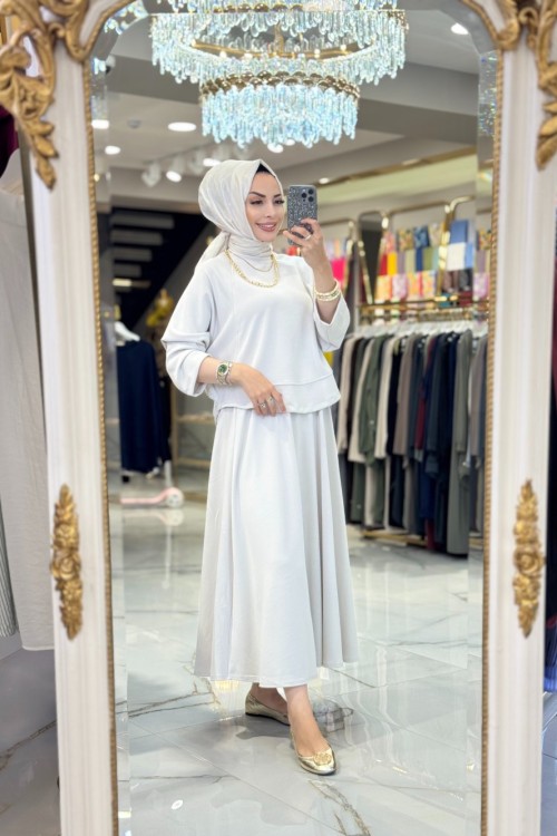 24343 Etek Ucu Parçalı Yarasa Kol Bluz Bej