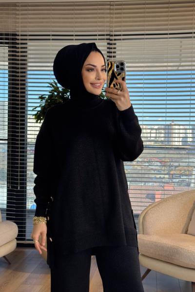 24349 Yanları Düğmeli Simli Triko Takım Siyah