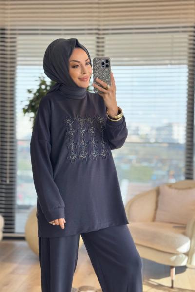 24360 Önü Nakış Detaylı Tunik Antrasit