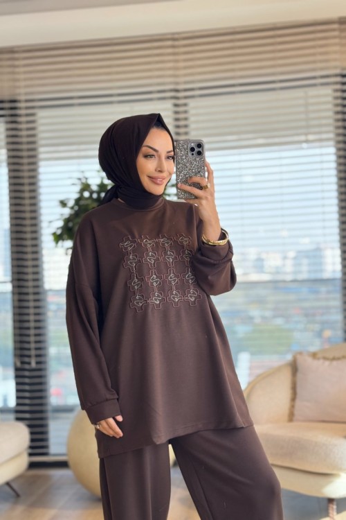 24360 Önü Nakış Detaylı Tunik Kahve