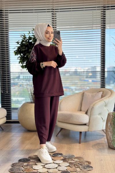 24361 Sol Omzu Boncuk İşli Tunik Bordo