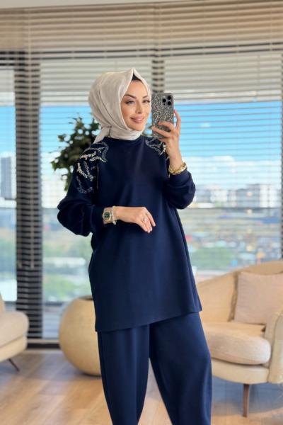 24364 Omuzları Boncuk işli Tunik Lacivert