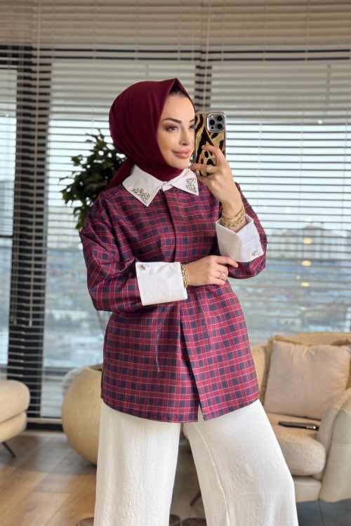 24397-5 Kareli Yakası Taş İşlemeli Gömlek Bordo
