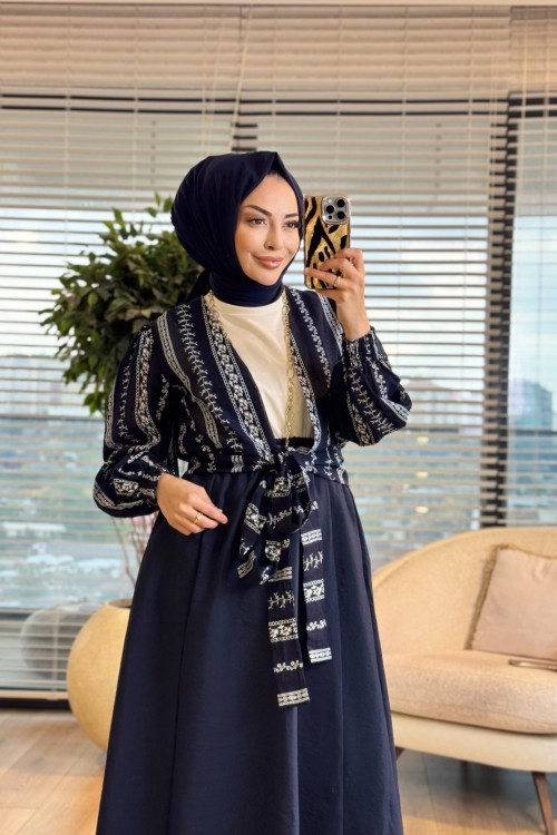 24422 Çiçek Desenli Bağlamalı Kimono Lacivert