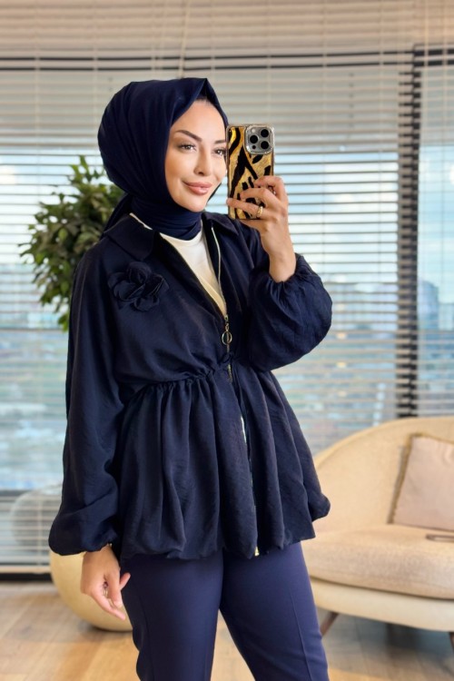 24424 Bebe Yaka Bel Bağcıklı Fermuarlı Kap Lacivert