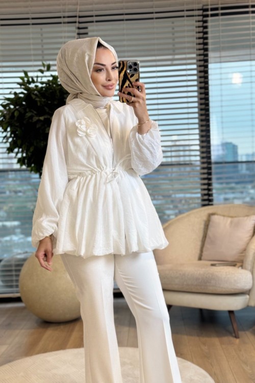24424 Bebe Yaka Bel Bağcıklı Fermuarlı Kap Ekru