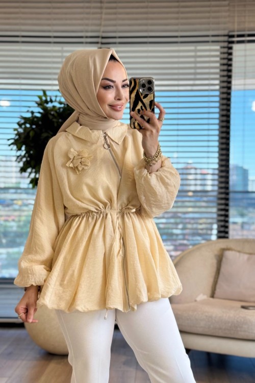 24424 Bebe Yaka Bel Bağcıklı Fermuarlı Kap Sarı