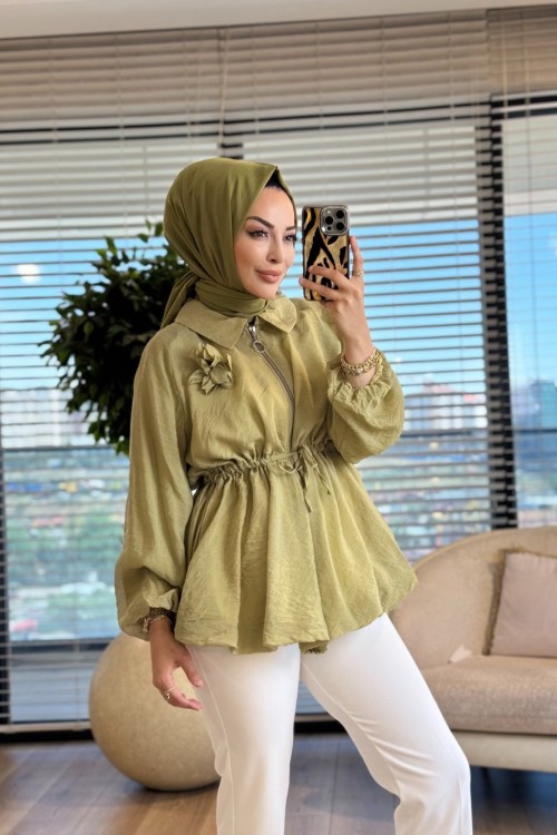 24424 Bebe Yaka Bel Bağcıklı Fermuarlı Kap Yeşil