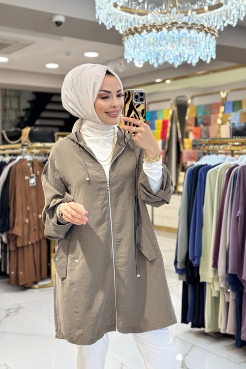 24427 Kendinden Çizgili Kapşonlu Fermuarlı Kap Haki