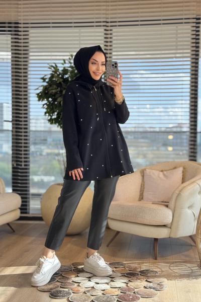 2444 Triko Üst Serpme Taşlı Kapş.Fermuarlı Ceket Siyah