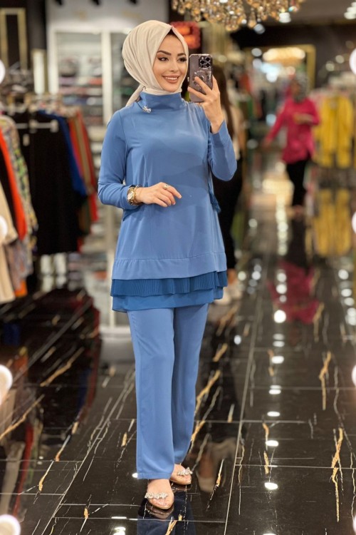 24447 Pilise Şifon Detaylı Krep Takım İndigo