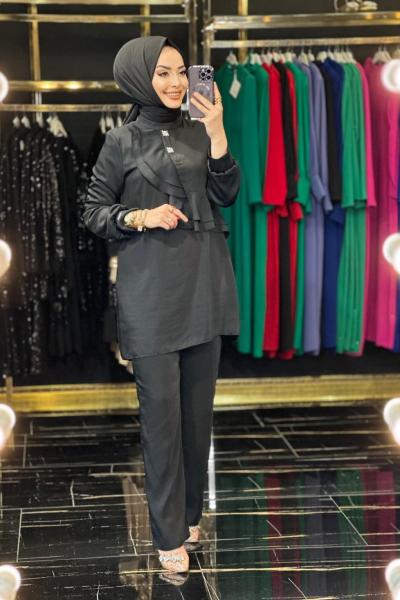 24448 Taş Detaylı Volanlı Takım Siyah