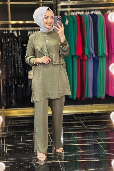 24448 Taş Detaylı Volanlı Takım Haki