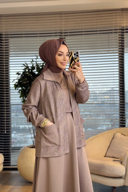 2445 Triko Üst Baskılı Hırka 2li Takım Vizon