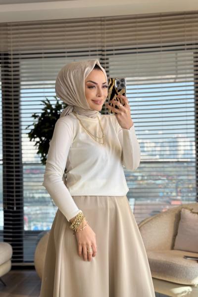 2455 Kolları Zımba Detaylı Triko Kazak Ekru