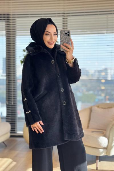 2461 Kolları Trikolu Peluş Kaban Siyah