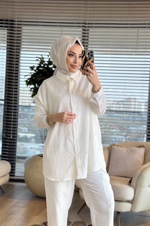 2490 Kendinden Desenli Gömlek Ekru