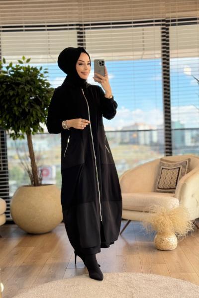 24933 Ön Ve Cebi Fermuarlı Kapşonlu Ferace Siyah