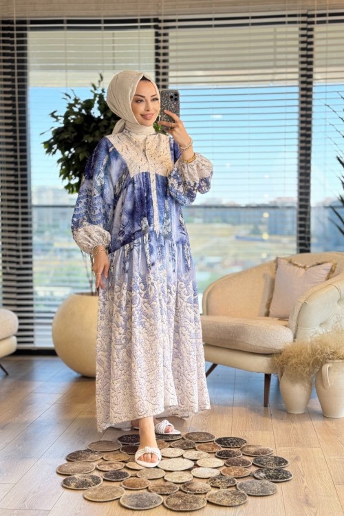 24EL244 Eteği Dantel Desenli Elbise Lacivert