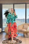 24EL509 İki Renkli V Yaka Elbise Benetton Oranj