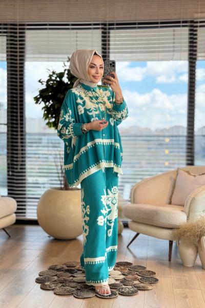 24TK284 Motif Ve Damla Desenli Takım Petrol