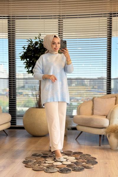25001 Varak Baskılı Angora Tunik Mavi