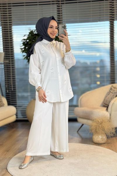 2502008 Seul Kalp Desen Nakışlı Gömlek Ekru