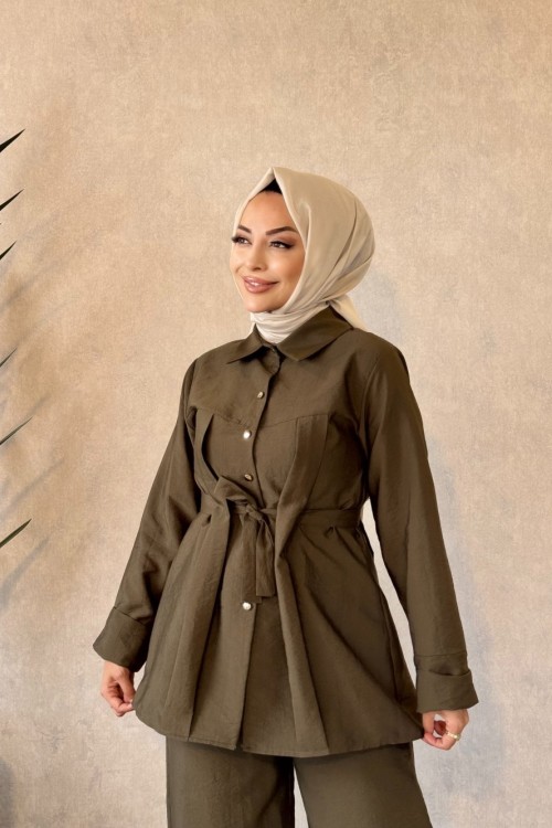 250337 Beli Kuşaklı Şık Pantolonlu Takım Haki