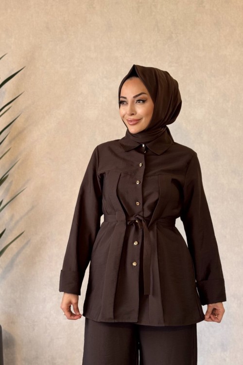 250337 Beli Kuşaklı Şık Pantolonlu Takım Kahve