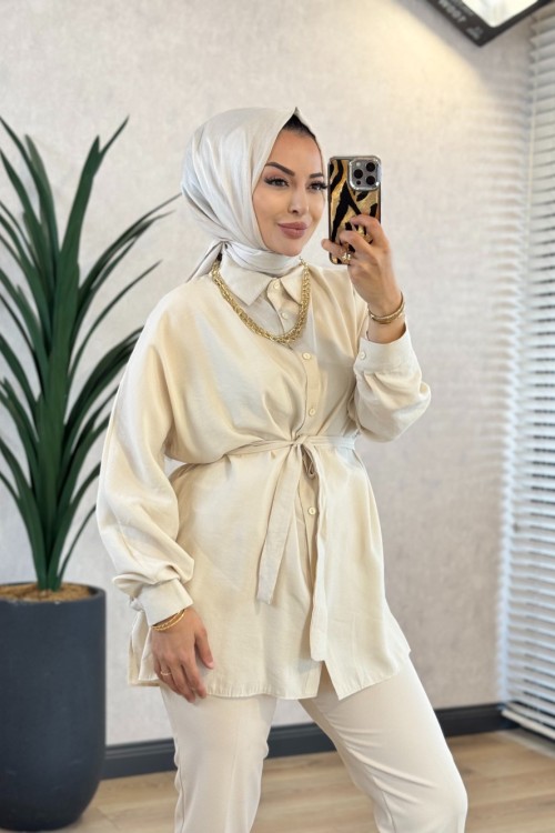 250352 İstanbul Kuşaklı Gömlek Bej
