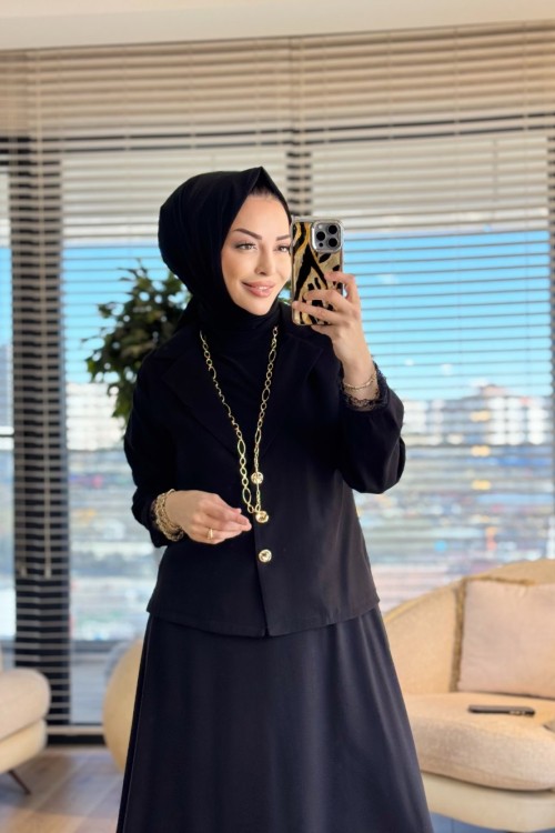 250359 Dantel İşlemeli Modern Takım Siyah