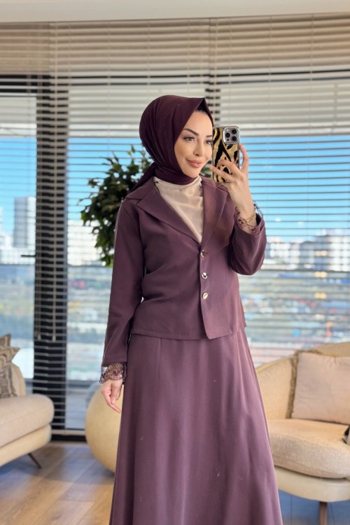 250359 Dantel İşlemeli Modern Takım Mürdüm