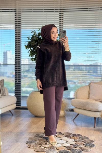 25036 Angora Omuzları Taşlı Tunik Kahve