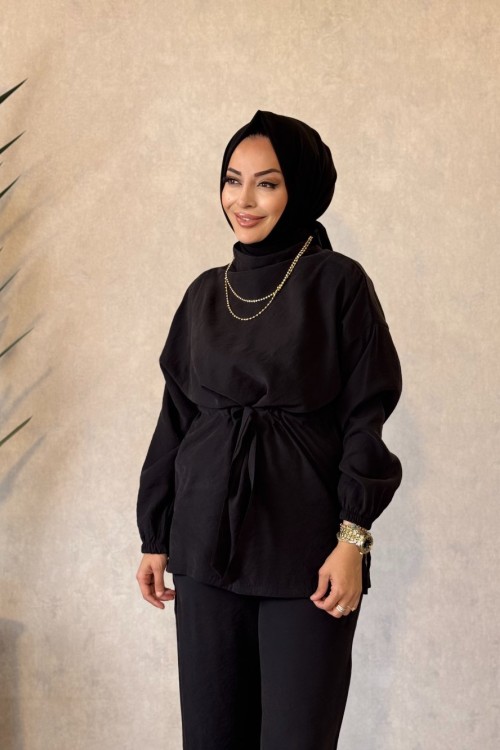250364 Bağcıklı Şık Modern Pantolon Takım Siyah