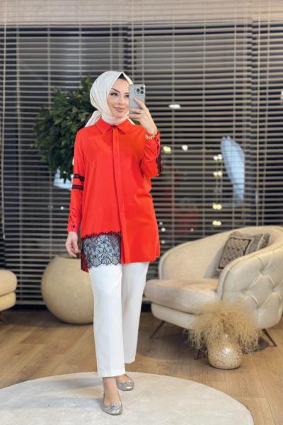 2508 Kol Ve Etek Ucu Dantelli Gömlek Mercan