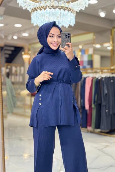 25111 Yırtmacı Düğmeli Triko Pantolonlu Takım Lacivert