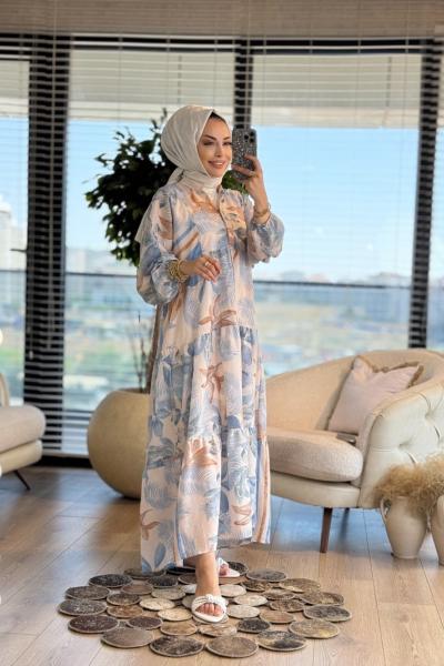 2512-1 Desenli V Yaka Patı Dügmeli Elbise Mavi