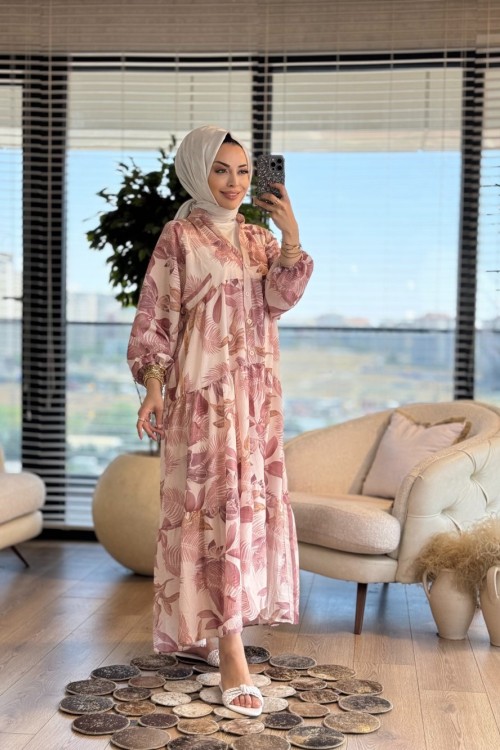 2512-1 Desenli V Yaka Patı Dügmeli Elbise Gül