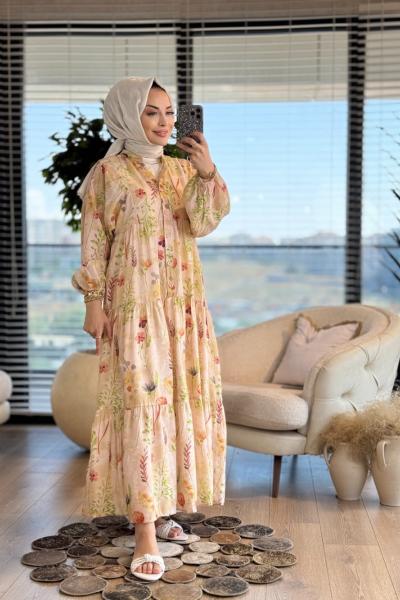 2512-2 Zeytin Dalı Desenli Elbise Bej