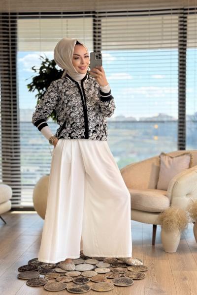 2513-1 Dantel Kordon Nakış Fermuarlı Ceket Siyah Ekru