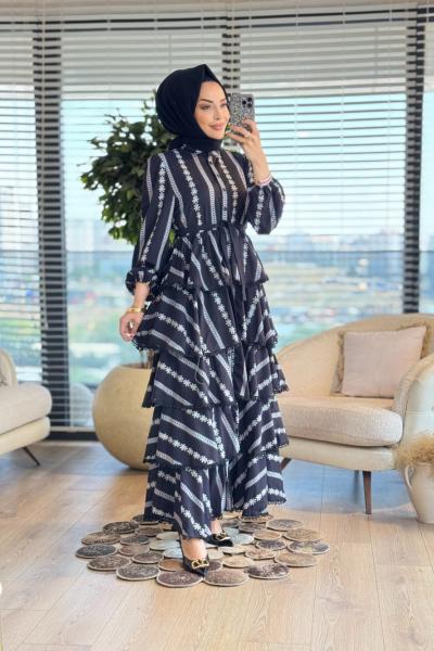 2513 Beş Katlı Desenli Elbise Siyah