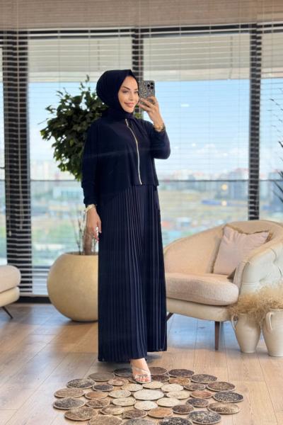 25132 Elbisesi Şifon Piliseli 2li Takım Lacivert