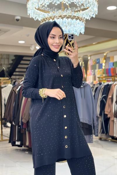 25195 Hırkalı Taşlı Takım Siyah