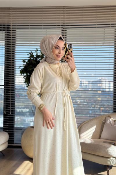 25196 Taş Detaylı Triko Elbise Ekru